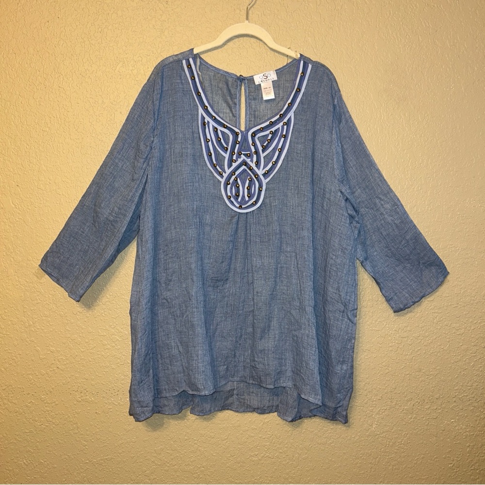OSO Casuals Blue 3/4 Sleeve Studded Tunic Top Size 3X